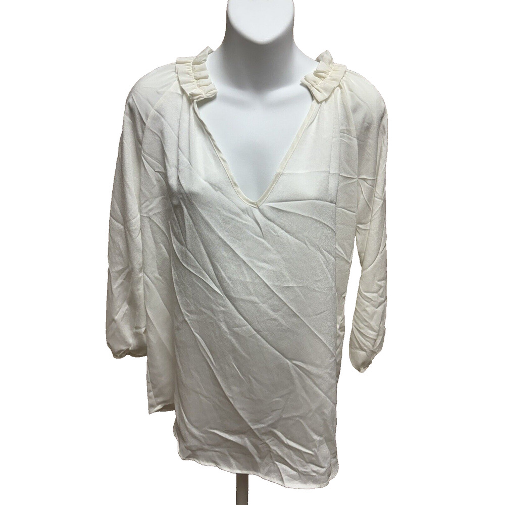 ReneeC. Womens Shirt Size Large Long Sleeve V-neck Ivory Blouse New Casual